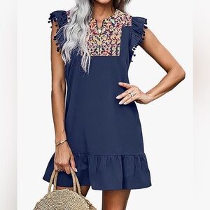Women’s Embroidered Mini Dress with Pom Pom Cap Sleeves. Size M